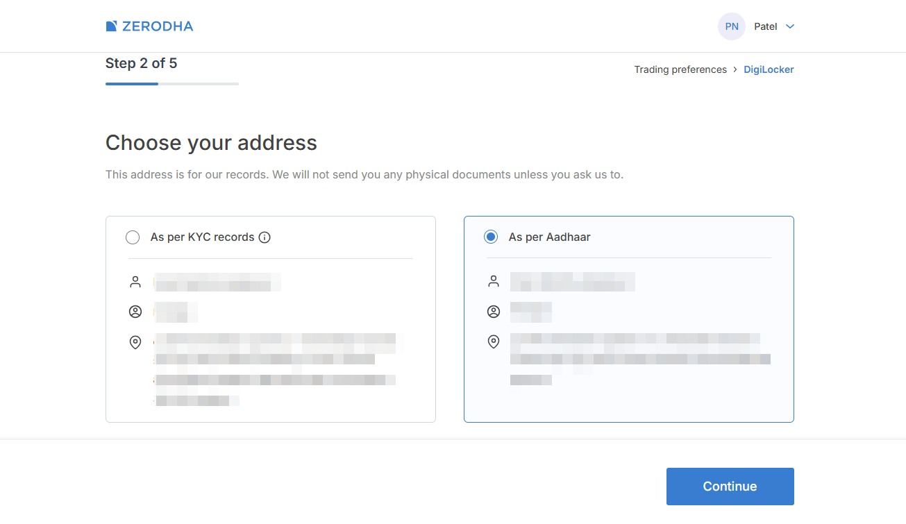 zerodha-address-selection Address selection page in Zerodha account opening process
