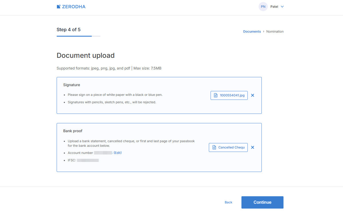zerodha-document-upload Document upload step