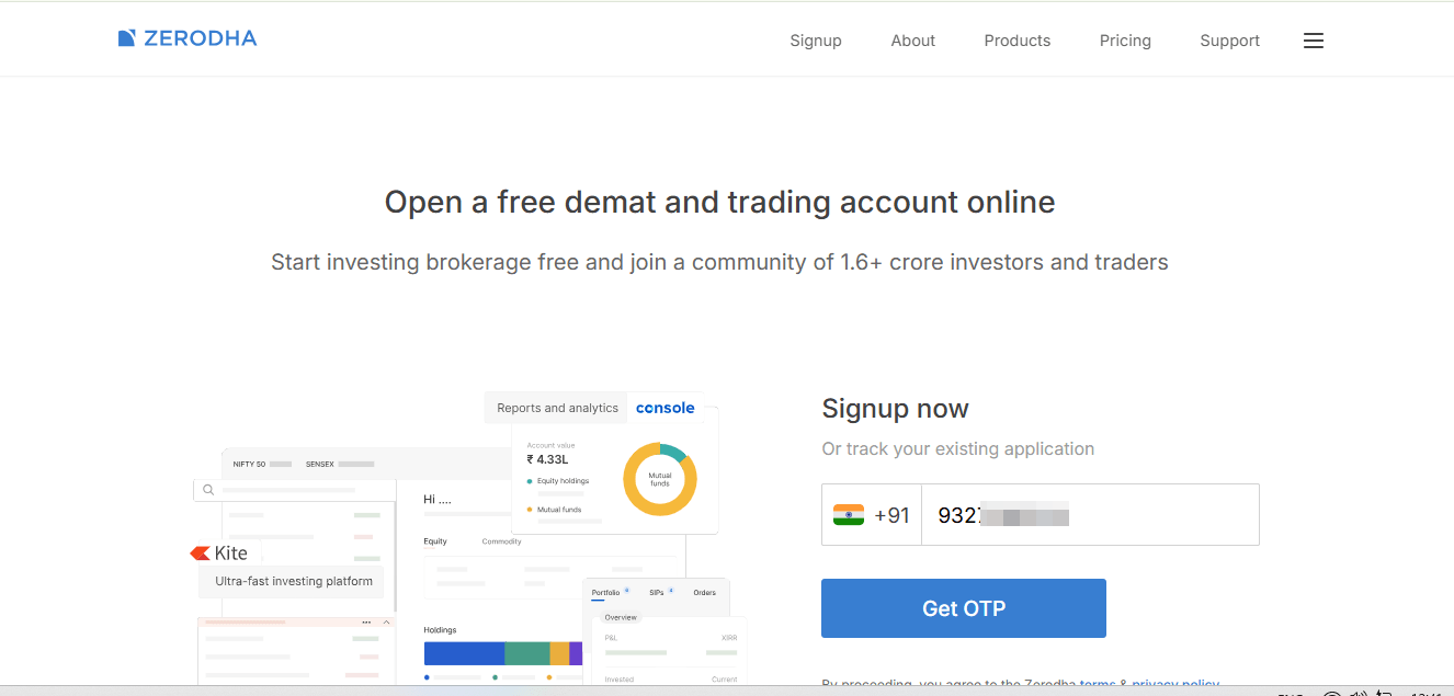 zerodha-mobile-number-page How to open Zerodha Demat account mobile number verification page