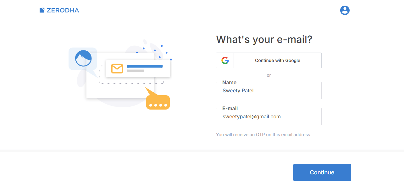zerodha-name-email-page Enter name and email in Zerodha account opening process